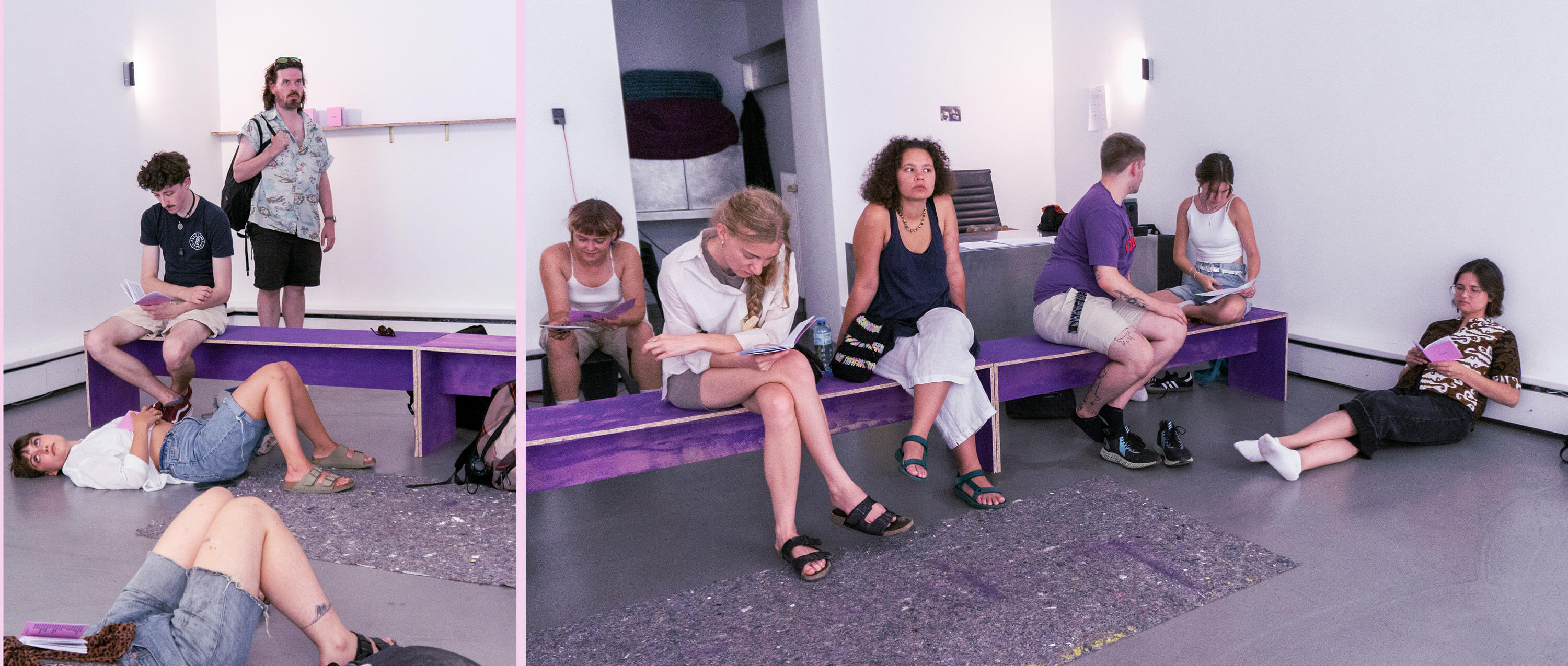 Contemporary art exhibition with speakers, purple benches and people hanging out.